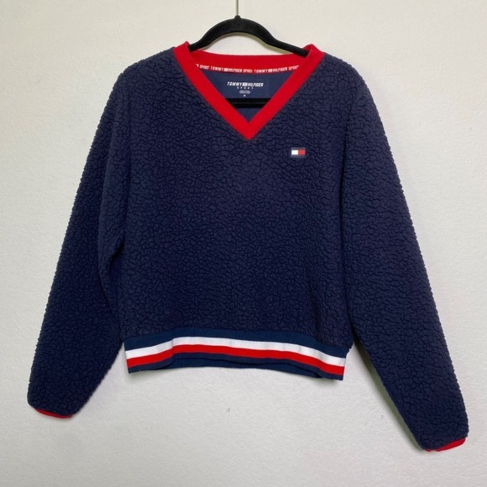 Tommy Hilfiger Sport Sherpa V Neck Sweatshirt Pullover Cropped Navy Red‎ M